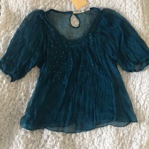 Teal Sheer Blouse with Faux Rhinestones